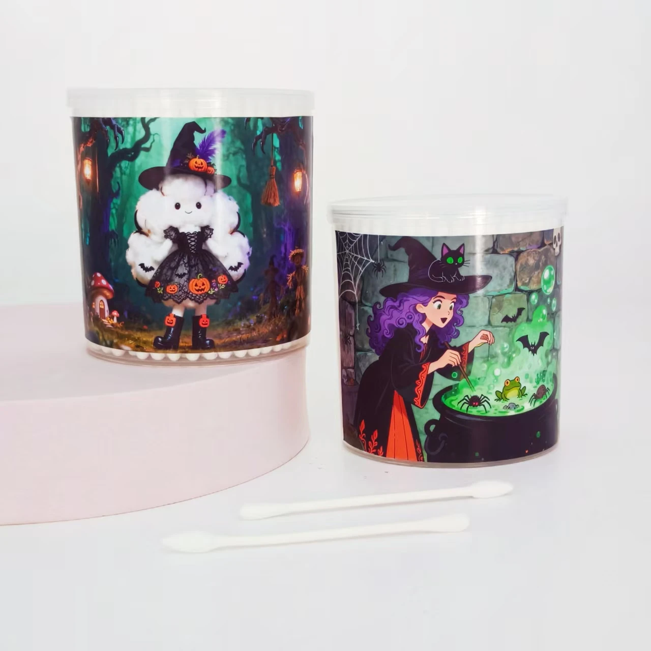 400개/600개 마녀 디자인 면봉 할로윈 테마 원통형 상자 휴일 선물 면봉