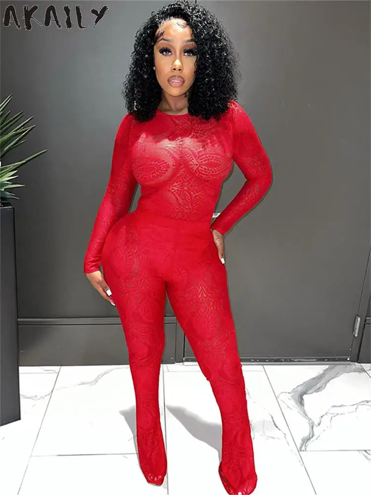 

Akaily Autumn Sexy Red Lace Bodycon Pants Set Club Party Clothing For Women 2023 Fashion See Through Long Sleeve Pants Set