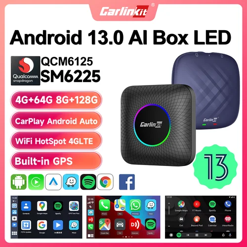 2025 CarlinKit CarPlay AI Box Android 13 SM6225 6125 Adaptador CarPlay inalámbrico automático Android de 8 núcleos WiFi 4GLTE Connect GPS 64G 128G Actualización FOTA para automóviles CarPlay con cable