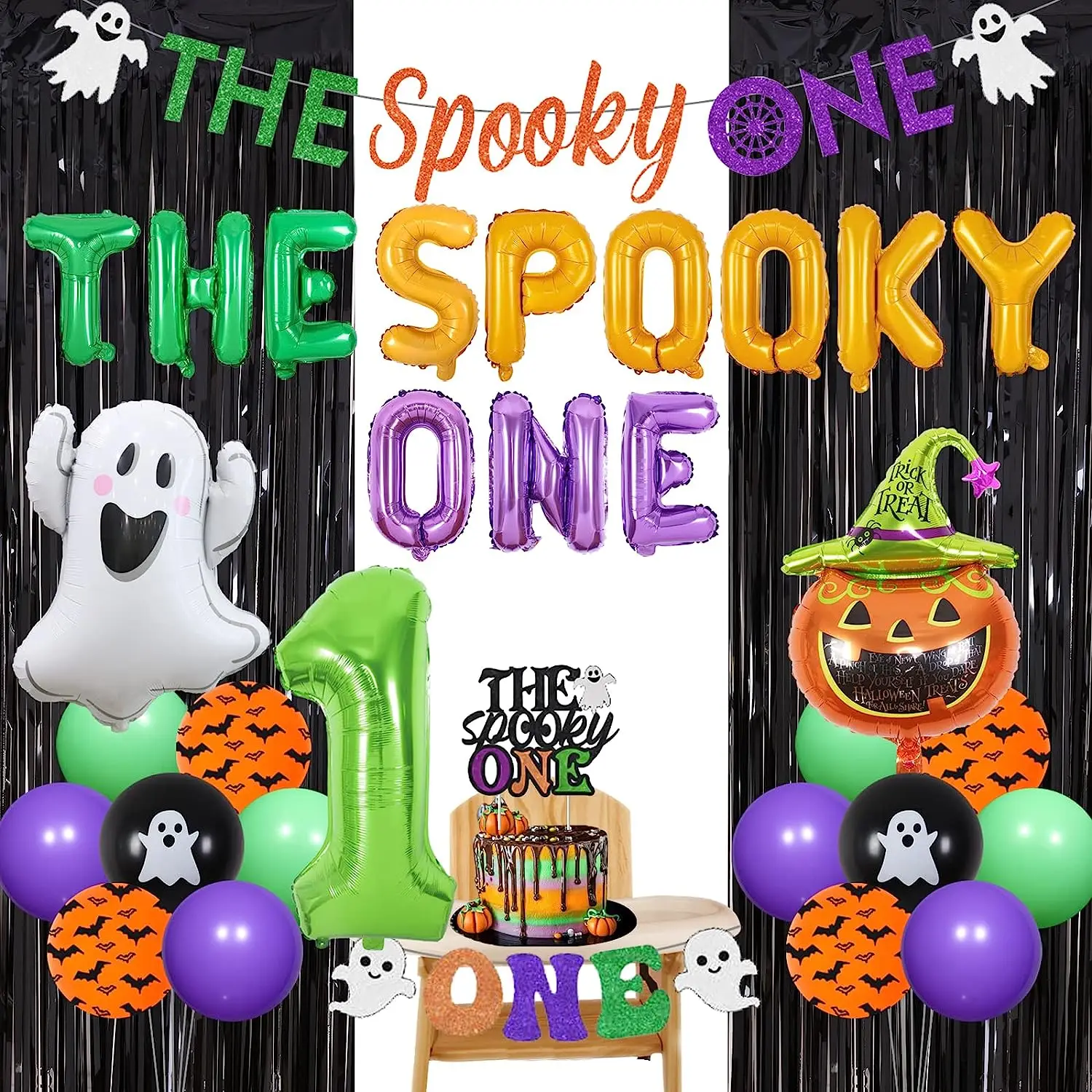 

The Spooky One Birthday Party Decorations for Boy, 1st Birthday Supplies, Backdrop, Highchair Banner, Ghost Pumpkin Balloons