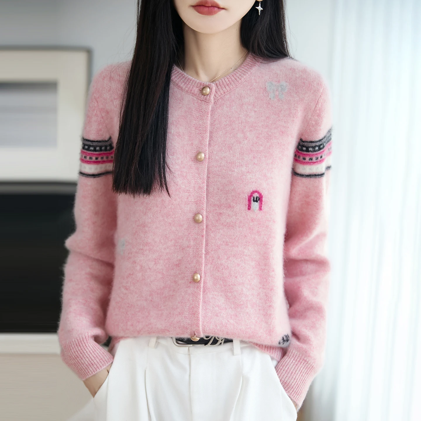 BELIARST Thickened 100% Merino Wool Cardigan Women's Round Neck Cartoon Color blocked Knitted Sweater Autumn/Winter Warm Tops