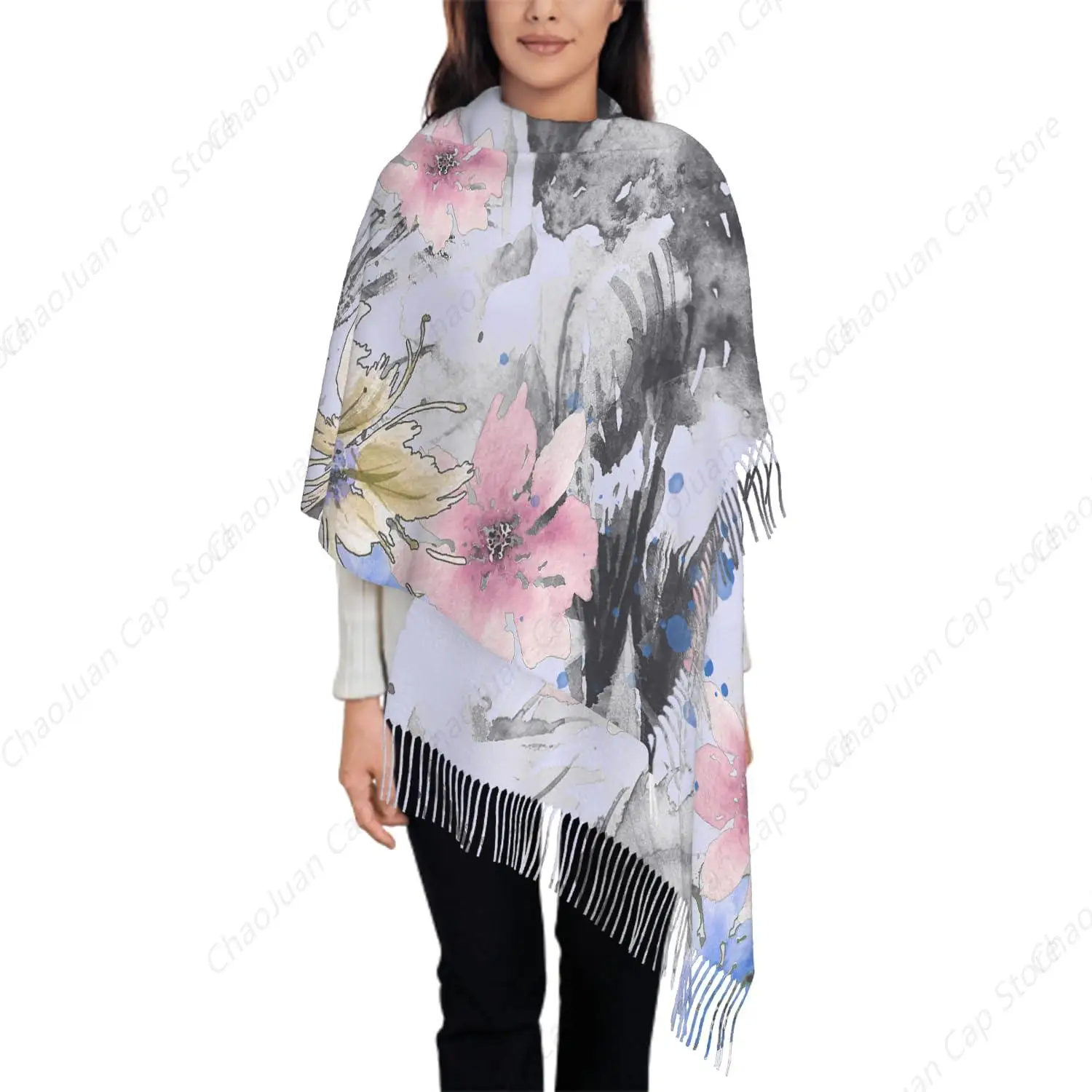 

Oversize Scarf for Women Watercolor Bird Bullfinch Spruce Branch Scarf Tassel Scarves Fall Winter Shawl Wraps