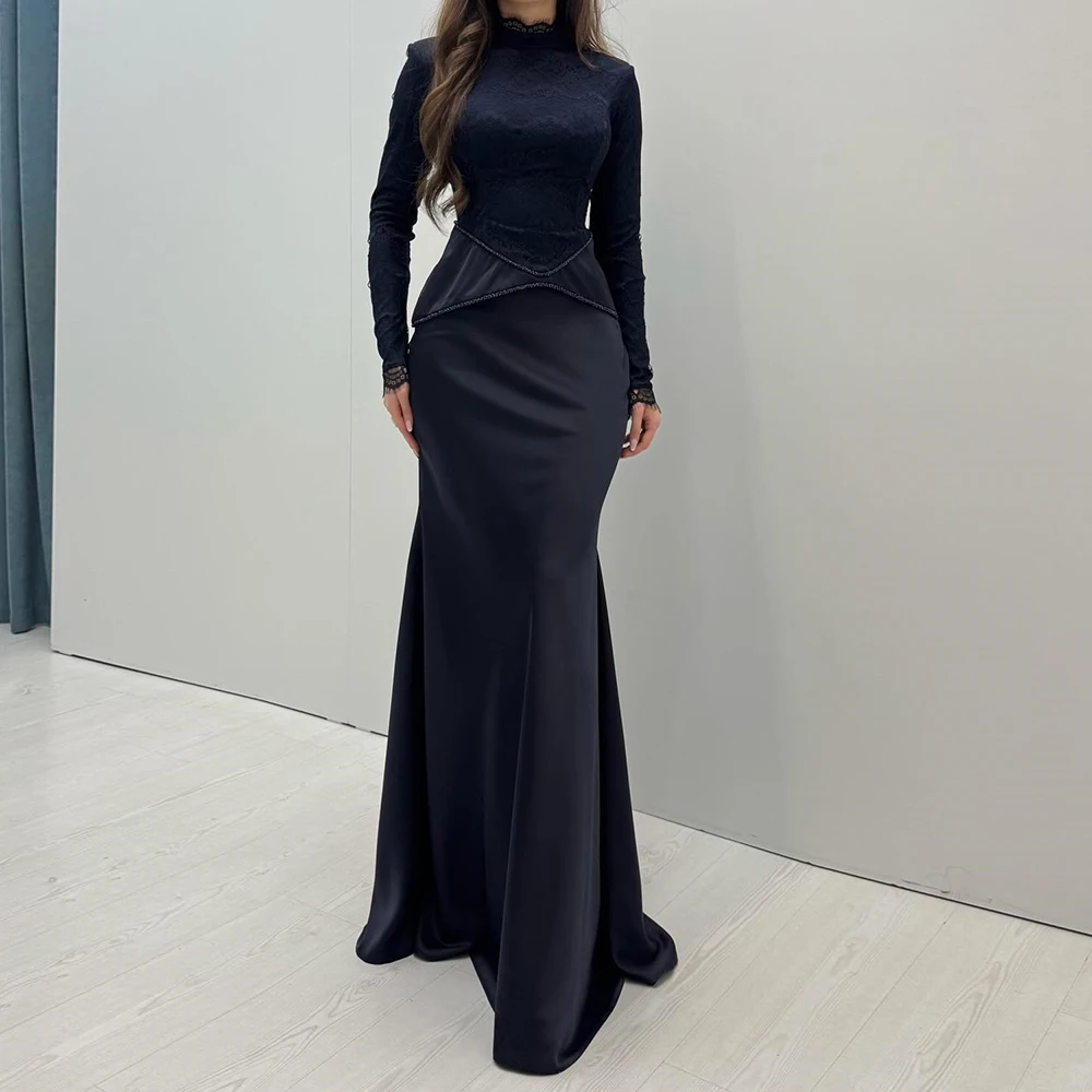 

Customized A-line Evening Dresses Floor-length High-neck Full Sleeve Prom Gown Fashion Lace Sequined Simple Draped Party Gown