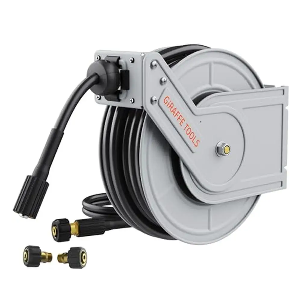 

Retractable Pressure Washer Reel 4000PSI Heavy Duty Steel Power Hose Mountable 60ft Wall Ceiling Floor Kit Included