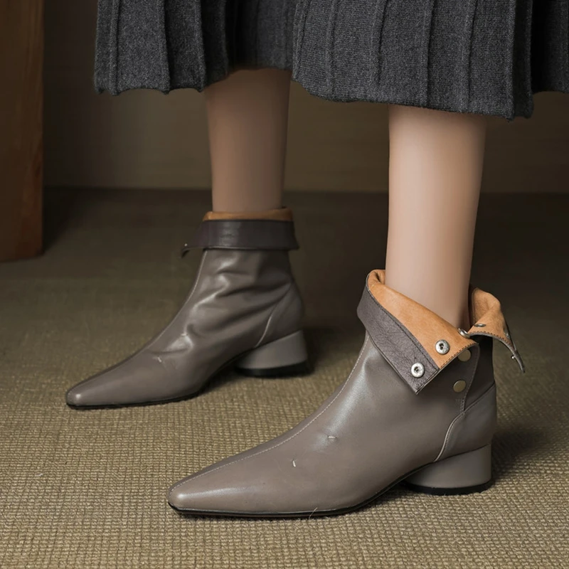 NEW Autumn Ankle Boots Genuine Leather Shoes for Women Pointed Toe Chunky Heel Shoes Buckle Modern Boots Concise Daily Shoes