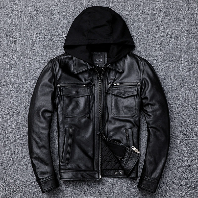 

New top layer cowhide leather jacket men's slim lapel detachable hooded motorcycle jacket thick coat