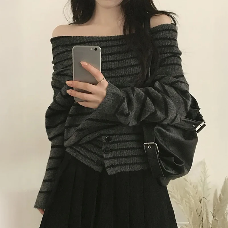 Off Shoulder Sweater Long Sleeve Button Knitted Top with Open Shoulder  Off-the-Shoulder Pullovers Elegant Fashion Fall Winter