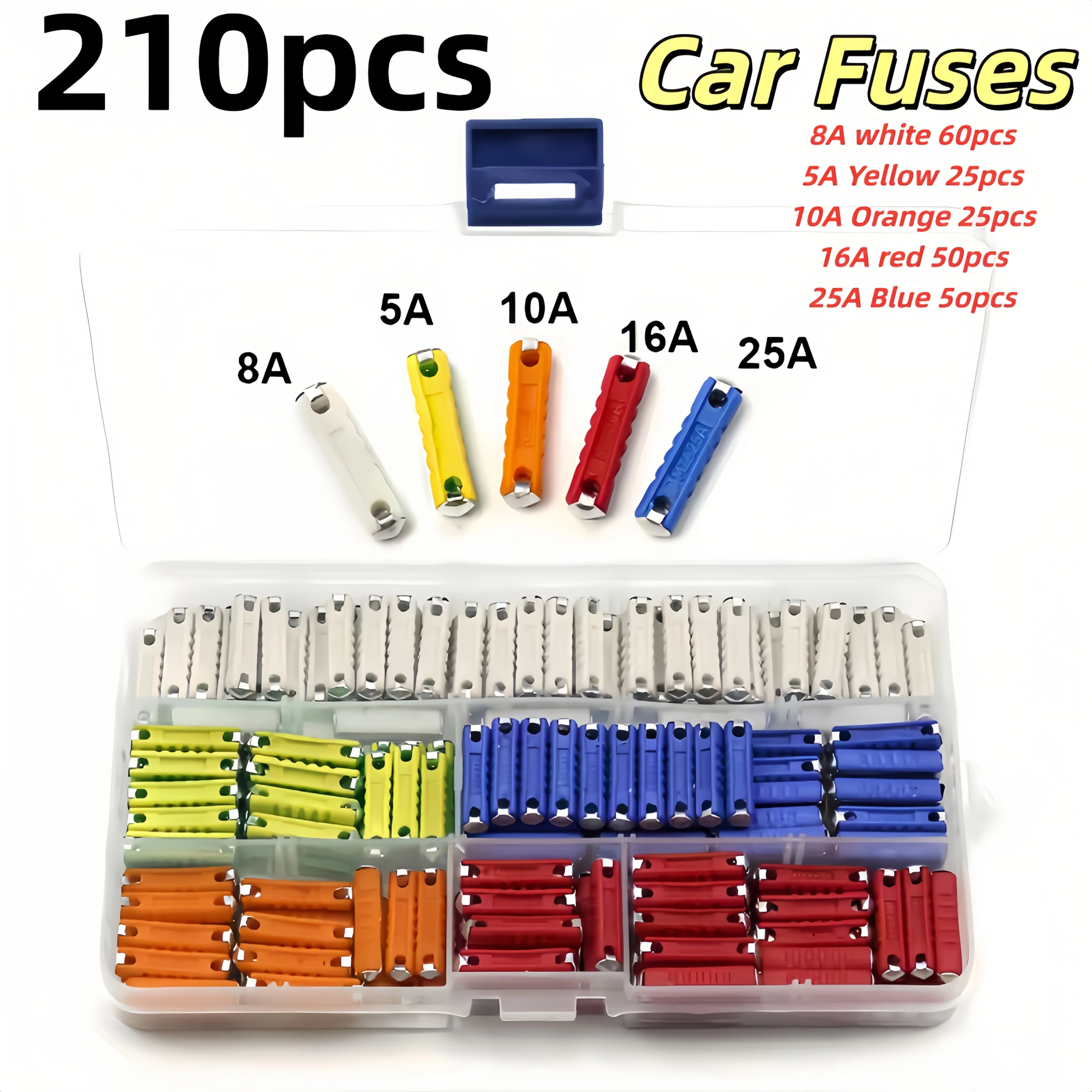 210 Pieces Multi-Color European Classic Car Fuse Assortment Box - 24X5.8 Mm, Durable Aluminum Material, Compatible with Vintage Cars, Power Range 5A-25A, Automotive Fuses