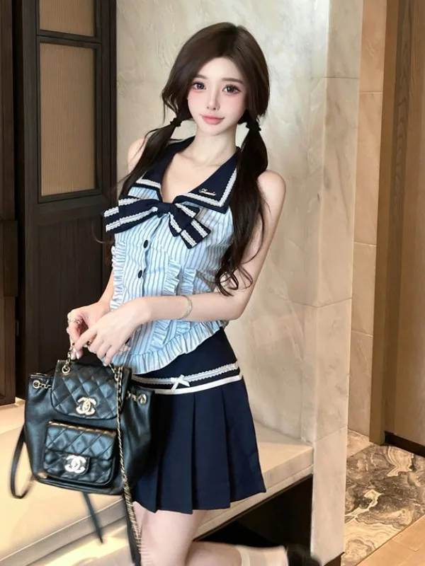 Pure Desire Conjunto de saia vintage com nó borboleta e tras sem ombros, sem mangas, para mulheres jovens, moda verão, mis...