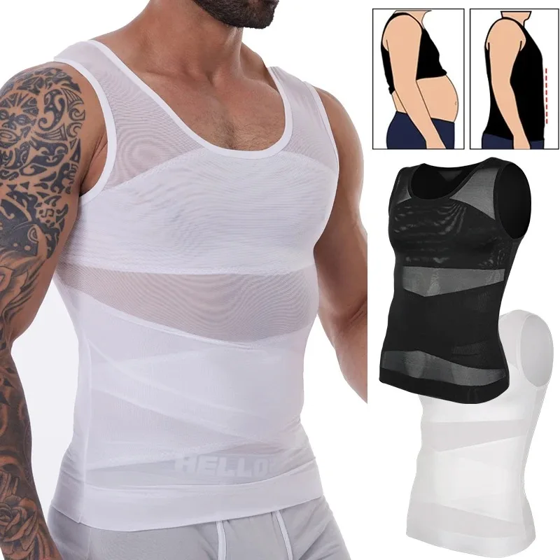 Mens Slimming Body Shaper Vest Gynecomastia Compression Shirts Tummy Control Sleeveless Undershirts Criss Cross Mesh Underwear
