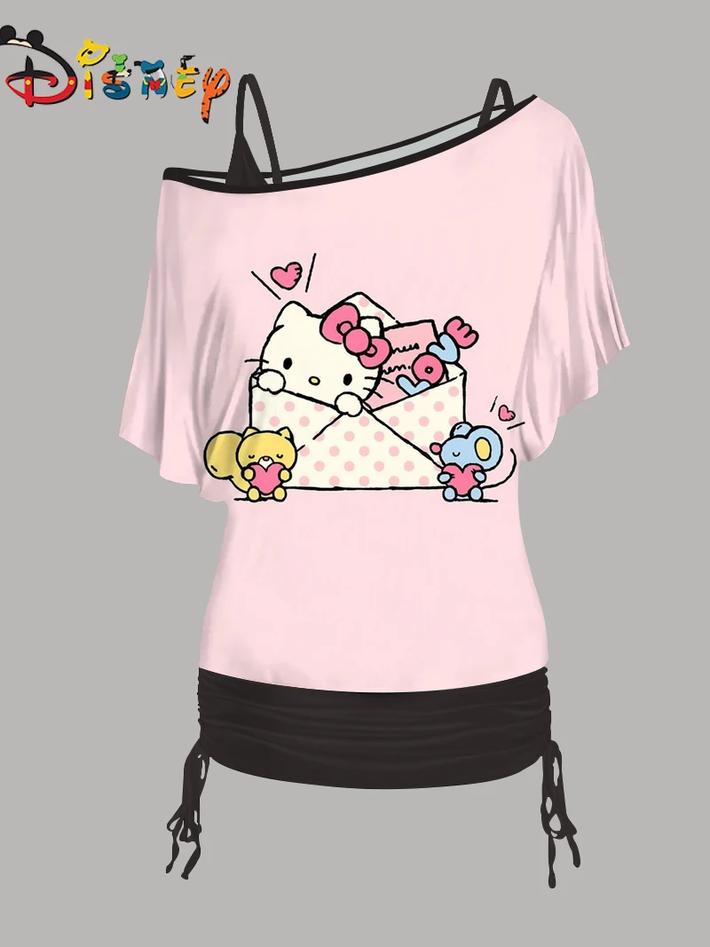 Disney-Hello Kitty elegante camiseta e mini saia para mulheres, tops elegantes, manga de um ombro, vestidos de verão, 2021