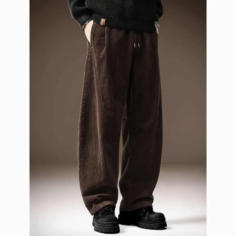 Men American Heavy Corduroy Drawstring Loose Straight Wide Leg Curved Casual Trousers Up To 300 Pounds