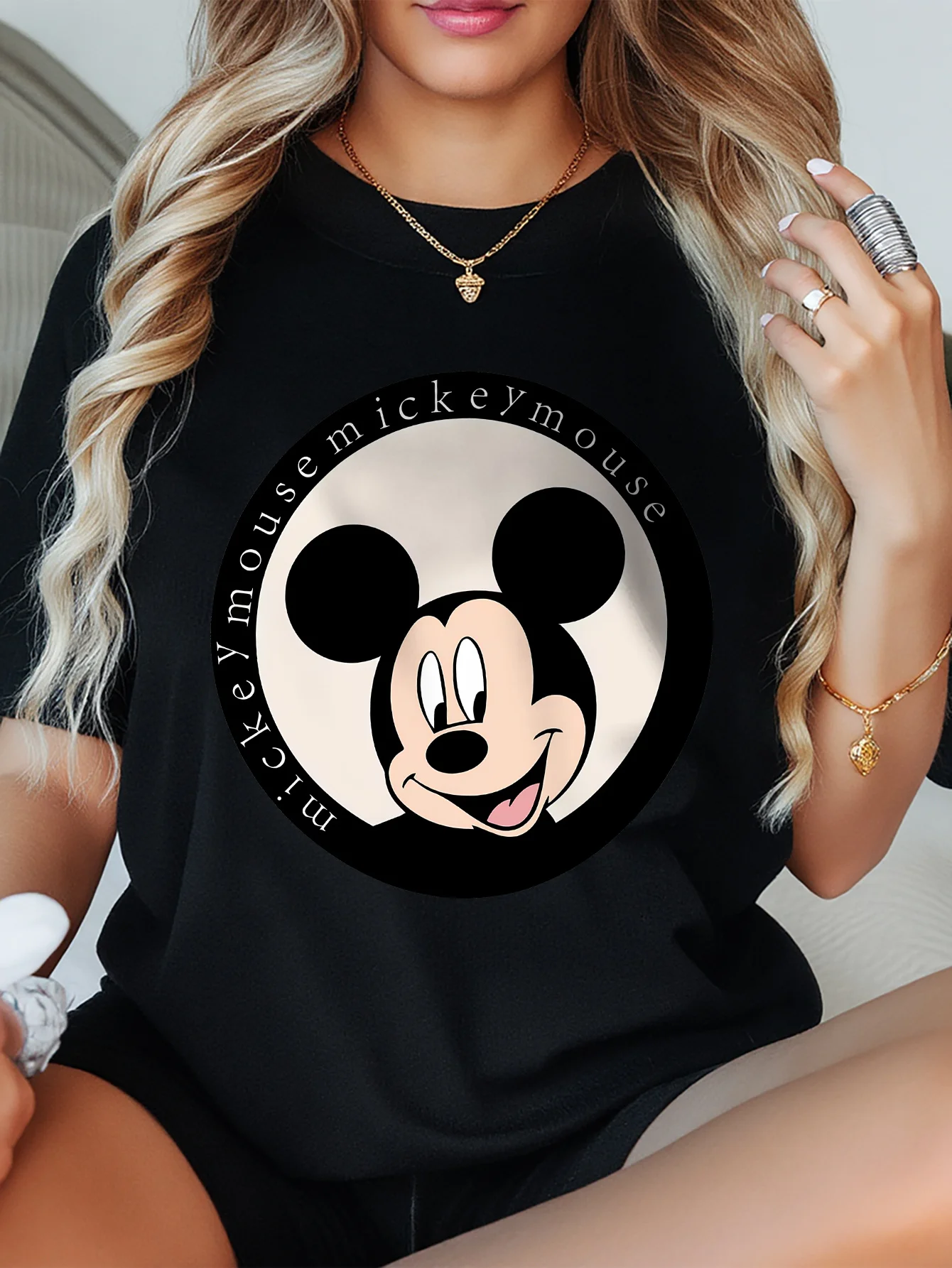 

Playful Mickey Mouse Print Short-Sleeved T-Shirt Cute Innocent Style Summer Ladies Daily Wear Comfortable Cotton Top