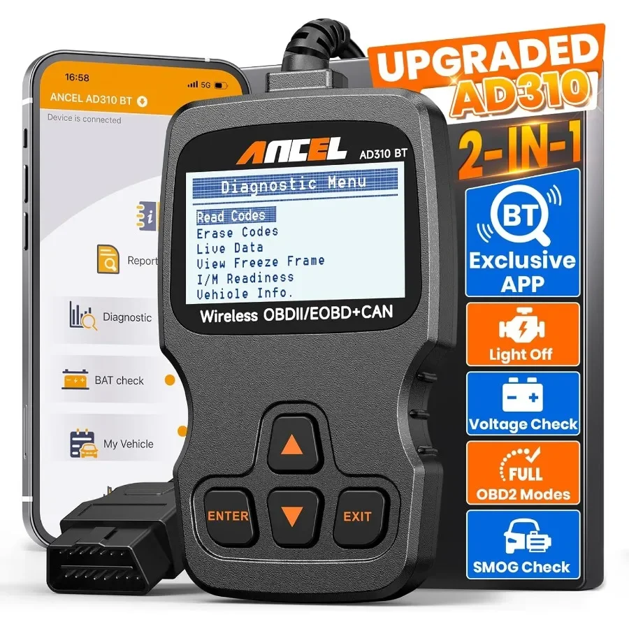 ترقية AD310BT Obd2 الماسح الضوئي بلوتوث لاختبار تشخيص السيارات في المركبات المصنعة بعد 1996 تحقق قارئ رمز المحرك