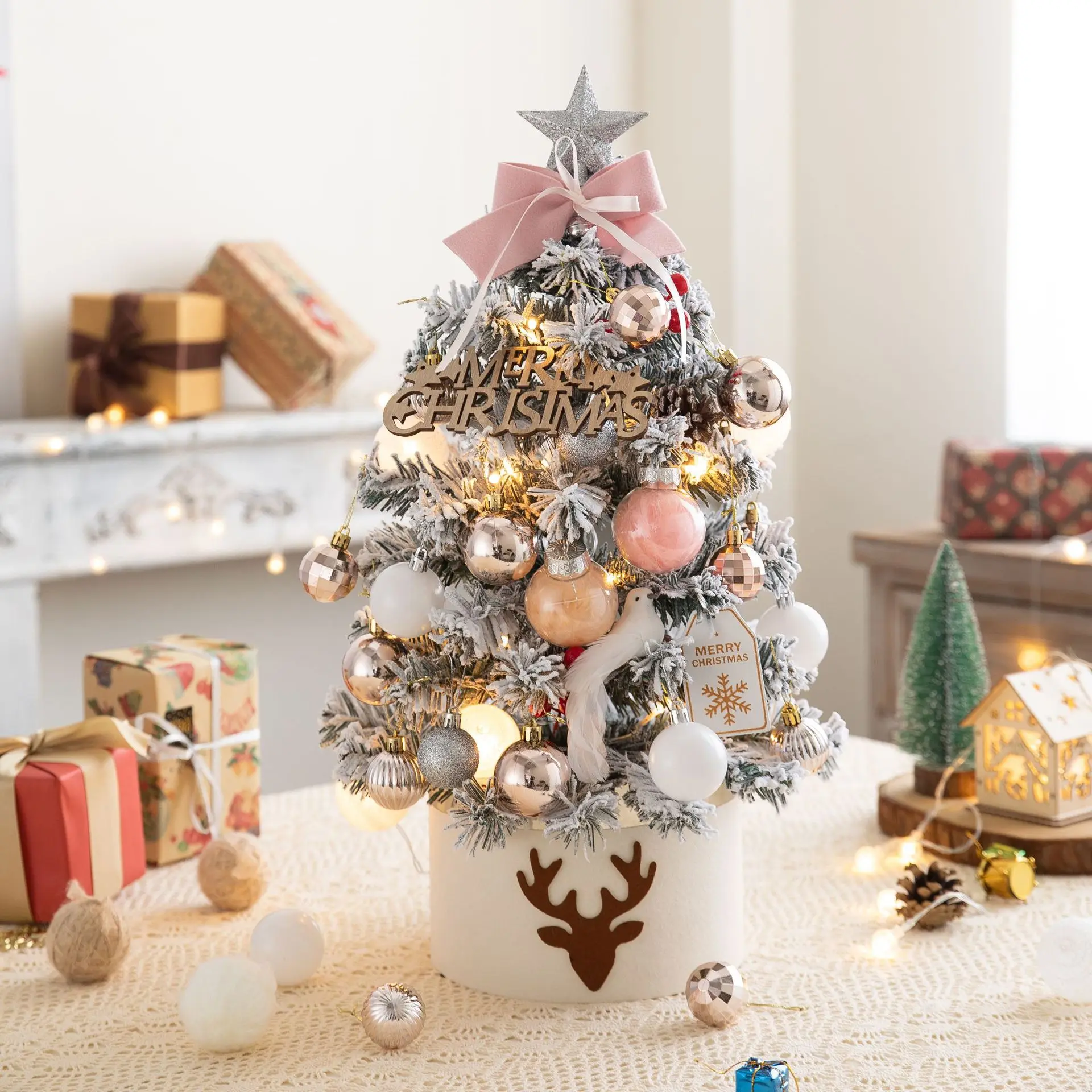 Holiday Limited Desktop Mini Christmas Tree Set 60cm Pink With Lights Christmas Tree Flocked Christmas Decoration Ornaments