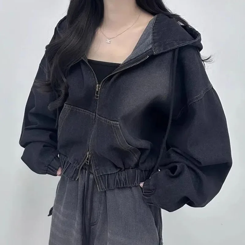 Chic Spring Autumn Hong Kong Style Loose Casual Double Zipper Short Sleeve Long Sleeve Hooded Denim Jacket for Women