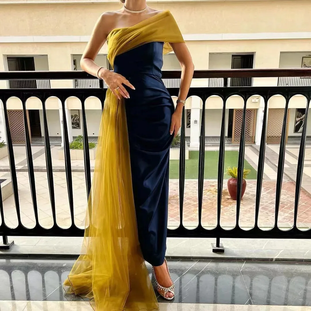 Yellow Tulle Strapless Satin Formal Dresses Mermaid Sleeveless Ankle-Length Elegant Party Dresses For Women 2024