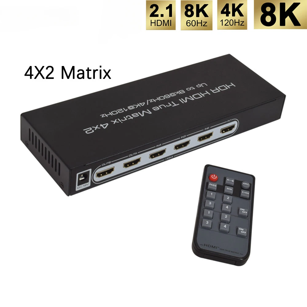 

HDMI-Compatible 2.1 8K HDR HDMI True Matrix Switch 4x2 Supports 4k 120hz Dolby Vision with Optical L R Audio Extractor ARC