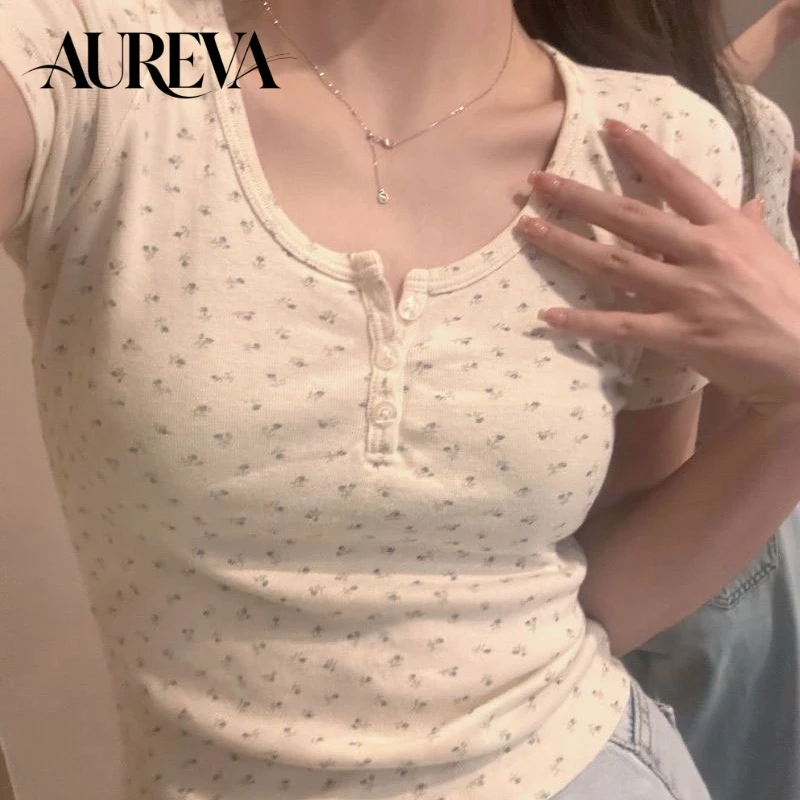 2026 New U Neck Floral Print Short Sleeve T Shirts For Women Slim Fit Cropped Solid Base Tops Fresh Style Casual Ladies Blouses
