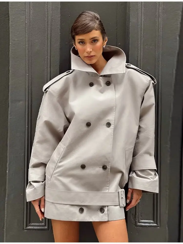 

Light Grey Loose Windbreaker Women 2025 Autumn New Fashion Personality Design Long Sleeve Trench Coat Jacket