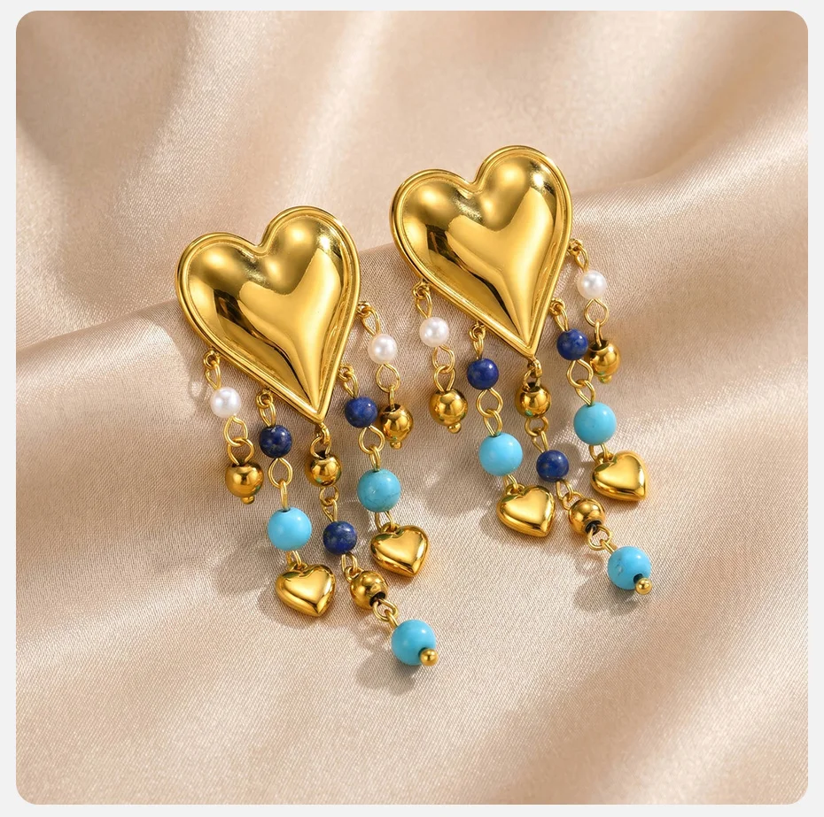Vnox Böhmische Naturstein-Ohrhänger für Damen, vergoldet, mit Herzfransen, Lapislazuli, Türkis, Perlen, Ohrschmuck für den Strand – Detail 5