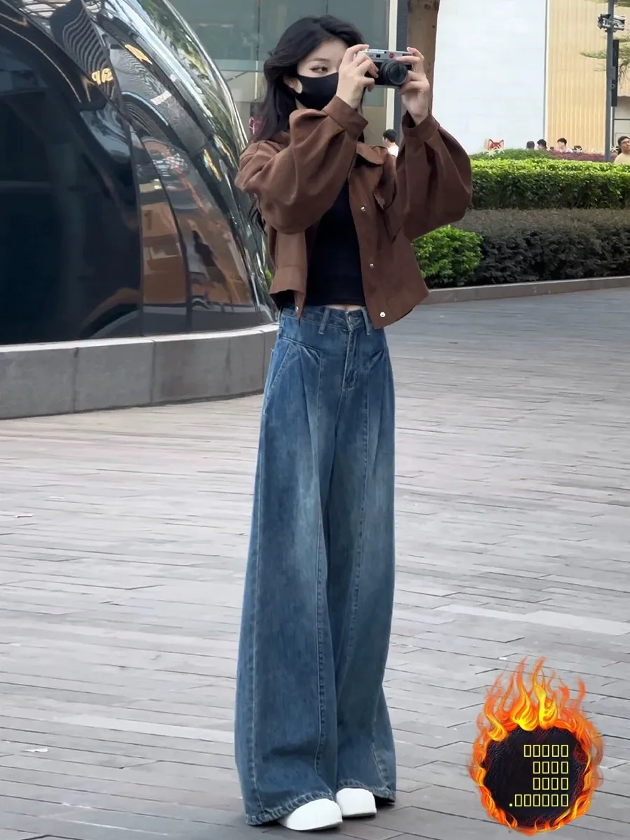 

plus Size Fce Lined Thi Denim Pants Women Winter Pear ape Body Loose High Waist Slim Straight Leg Wide Leg Trousers