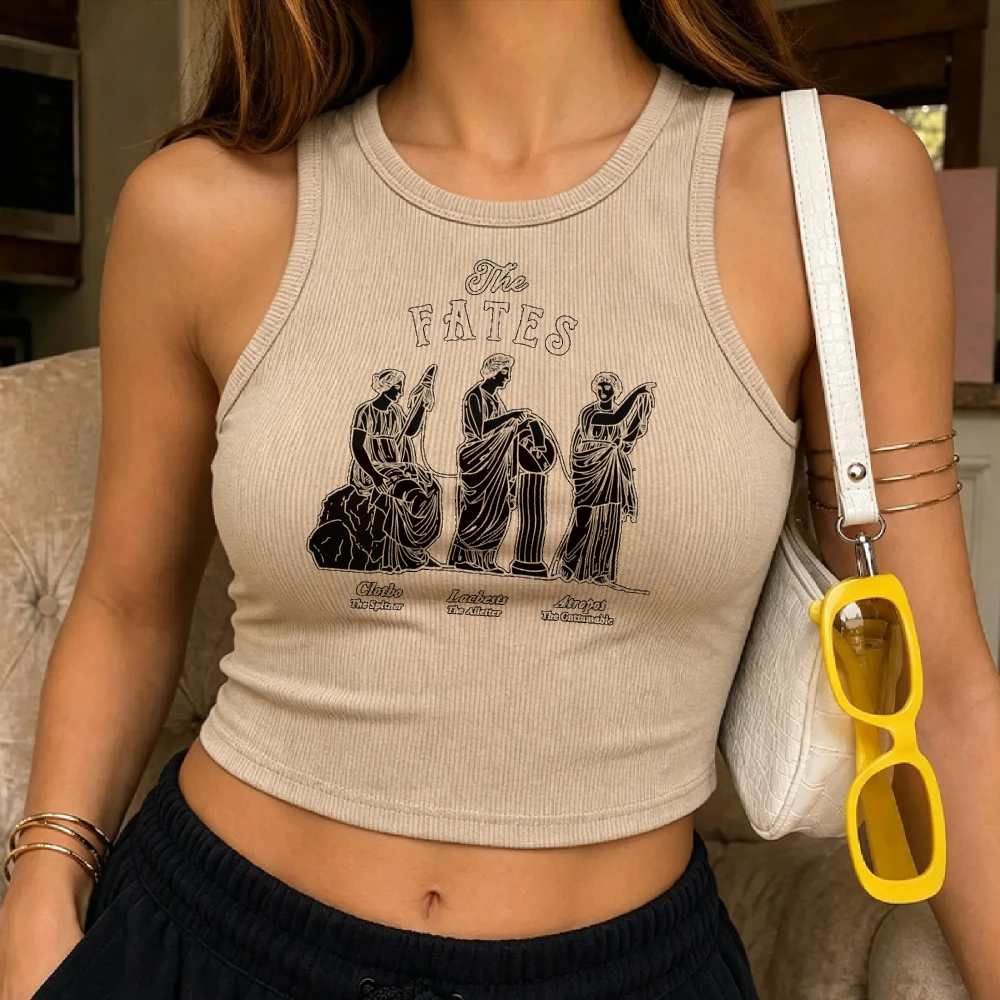 The Fates Antique Myth Graphic Vintage Casual Women Y2K Ribbed Crop Top Classical Goddess Print Bookish Retro Fashion Daily Tank