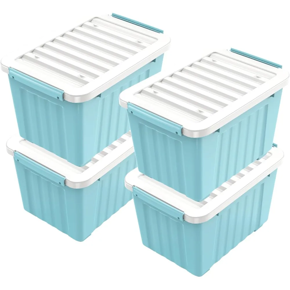 

97 Quart Plastic Storage Bin, Blue Stackable and Nestable Storage Boxes with White Lids and Secure Latching Buckles, Large Stor