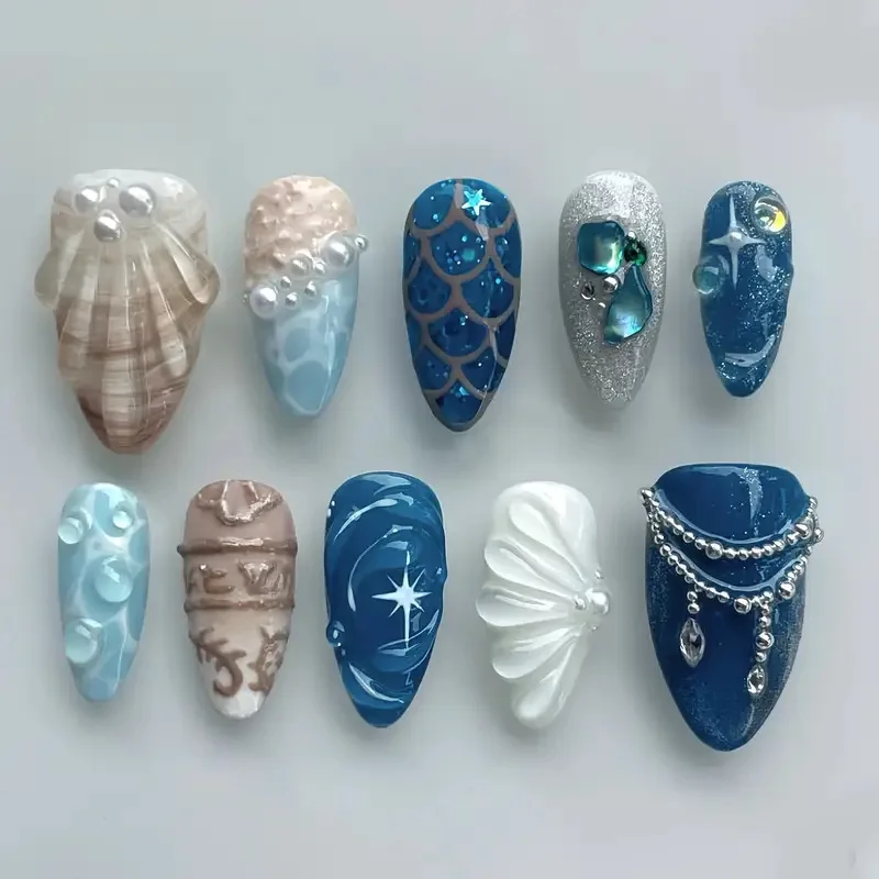 

10 шт., набор накладных ногтей ручной работы с изображением голубого океана, градиентный набор для ногтей с рыбьим хвостом и полосками в форме миндаля, пресс для ногтей
