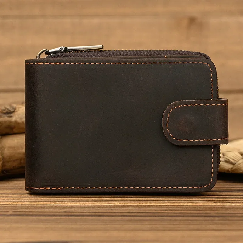 Genuine Leather Short Wallet ID Card Holder Zipper Wallet Simple Large Capacity 2-fold Zipper Card Holder Cowhide