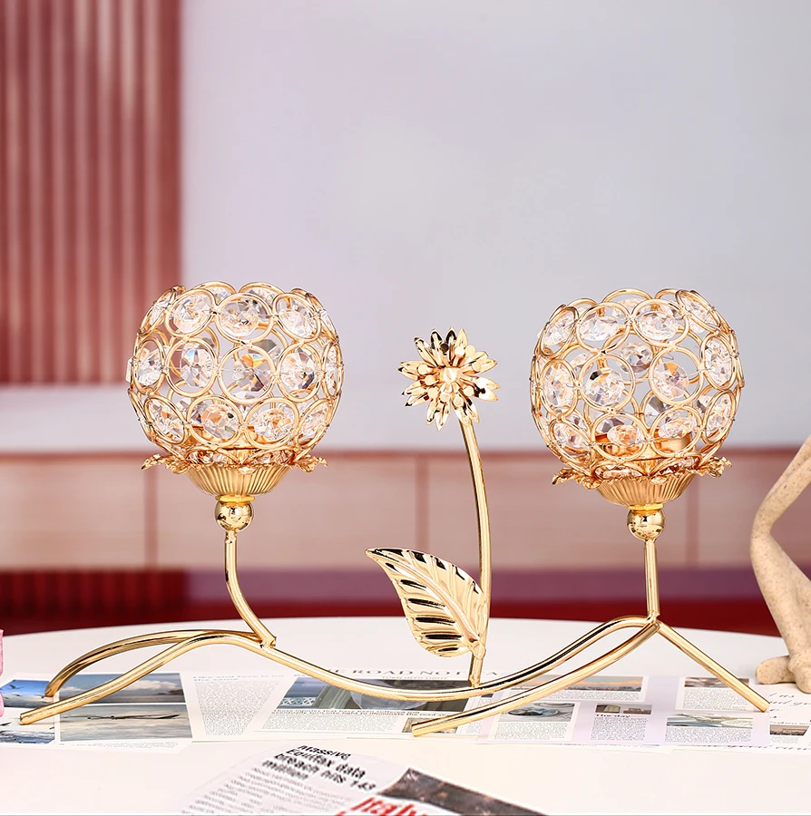 1pc Golden Crystal Candle Holder Dual-head Flower Candlesticks for Dining Coffee Table Wedding Events Parties Home Decor