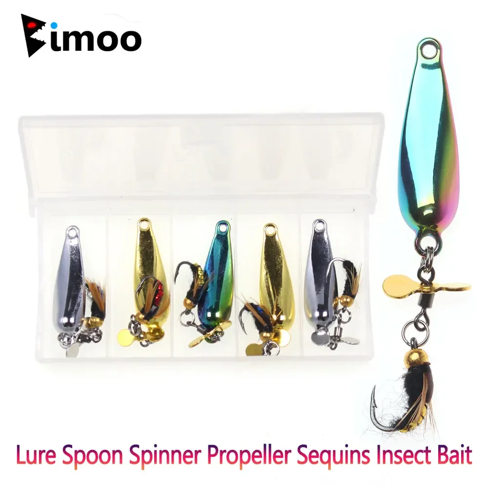 Bimoo-5つの金属製ルアー,スピナープロペラ,スパンコール,昆虫の餌,ワーム,マス,バスフィッシングのセット