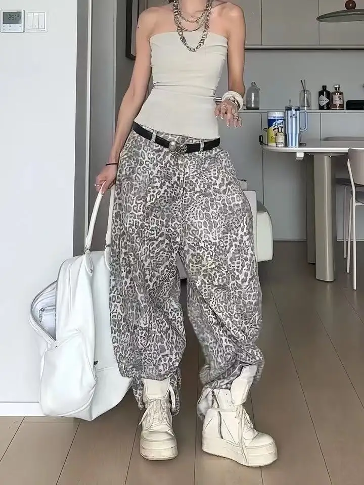 Frauen Y2k Baggy Leopard Jeans 2025 Herbst Harajuku Vintage Freund Denim Hosen Japanische 2000er Jahre Hosen Übergroße Kleidung