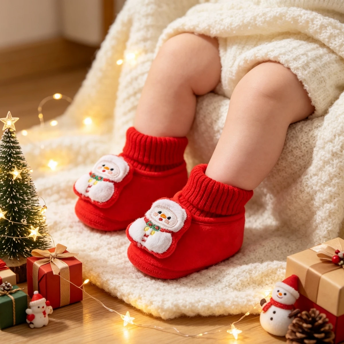 Baby Christmas Booties Knit Patchwork Winter Warm Soft Sole Shoes