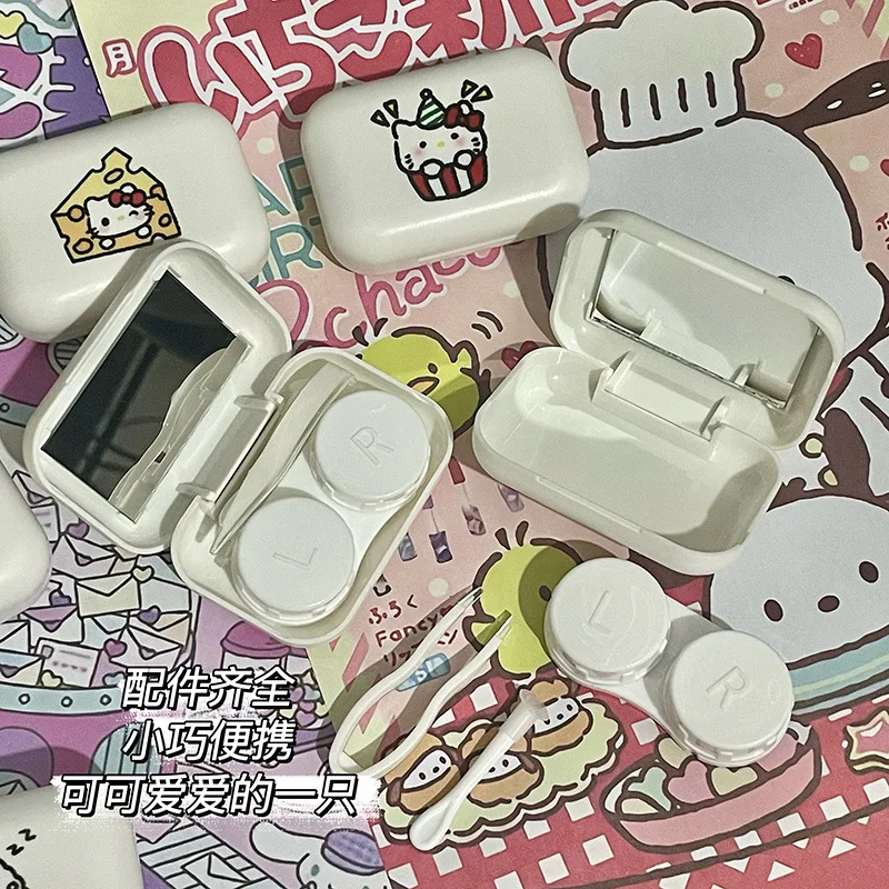 Hello Kitty Contact Lens Case Sanrio Care Box Anime Girl Portable KT Contact Lenses Case Gift Cartoon Companion Box Mirror