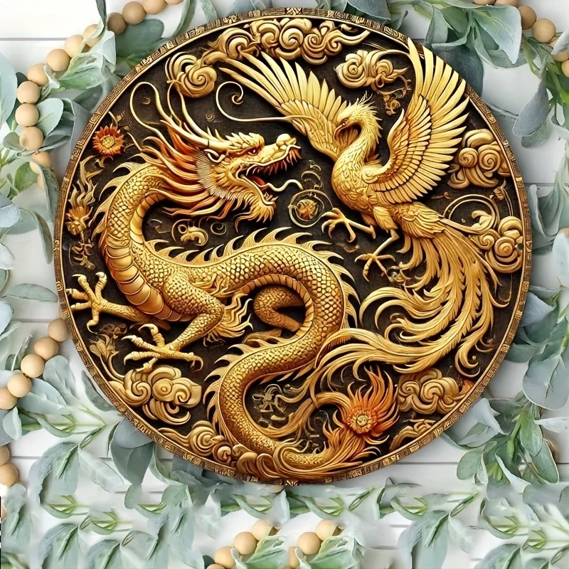 20cm Wooden 2D Flat Color Dragon Phoenix Wall Hanging Round Wooden Plate Living Room Bedroom Decoration Good Luck Guard Card