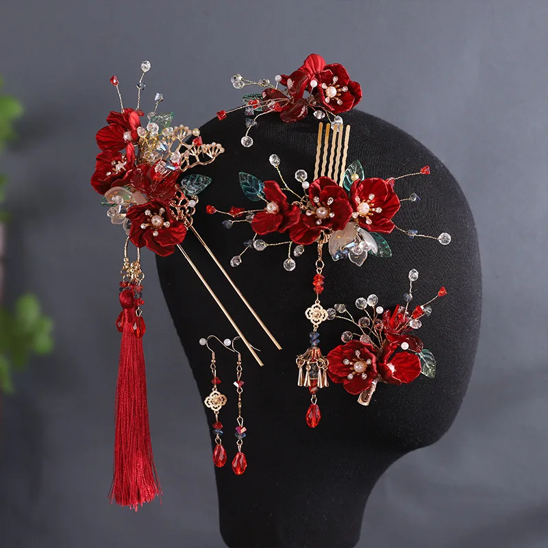 Заколки для волос с красным цветком, винтажная заколка для волос с кисточкой-бабочкой, ювелирные изделия, китайские аксессуары для волос Hanfu, платье на заказ, головной убор, подарок