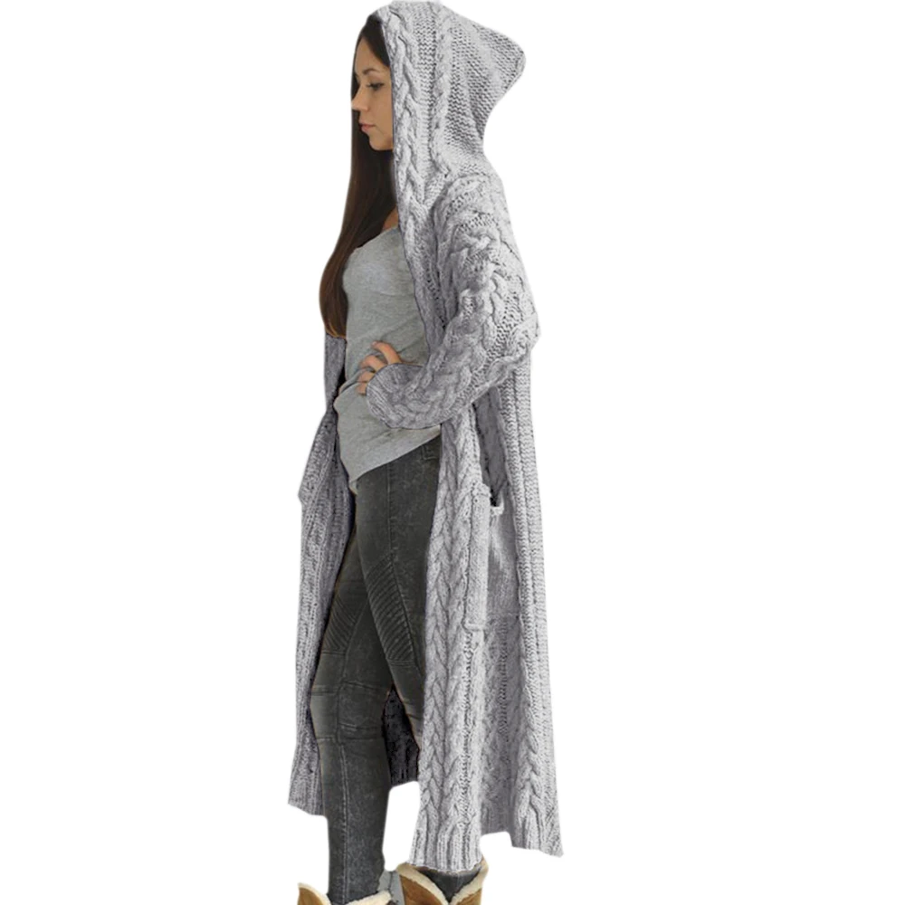 

European and American Cardigan Fried Dough Twists Plait Lazy Style Hooded Long Cardigan Autumn and Winter Women's Clothing