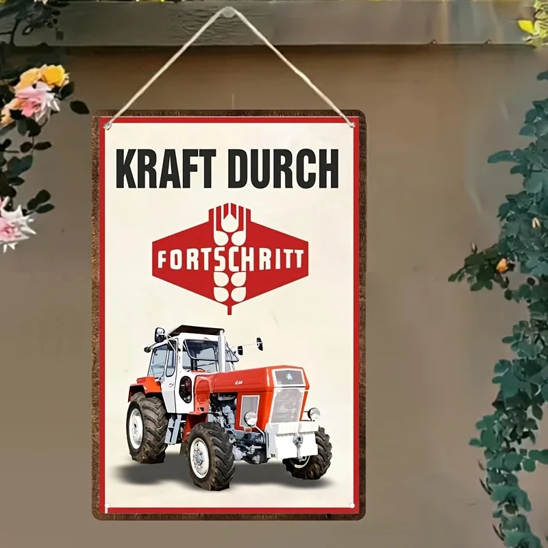 Vintage-Metallblechschild – Kraft Durch Fortschritt Traktor, rustikales rotes und weißes Design, wandmontierte Heimdekoration für Wohnzimmer, B
