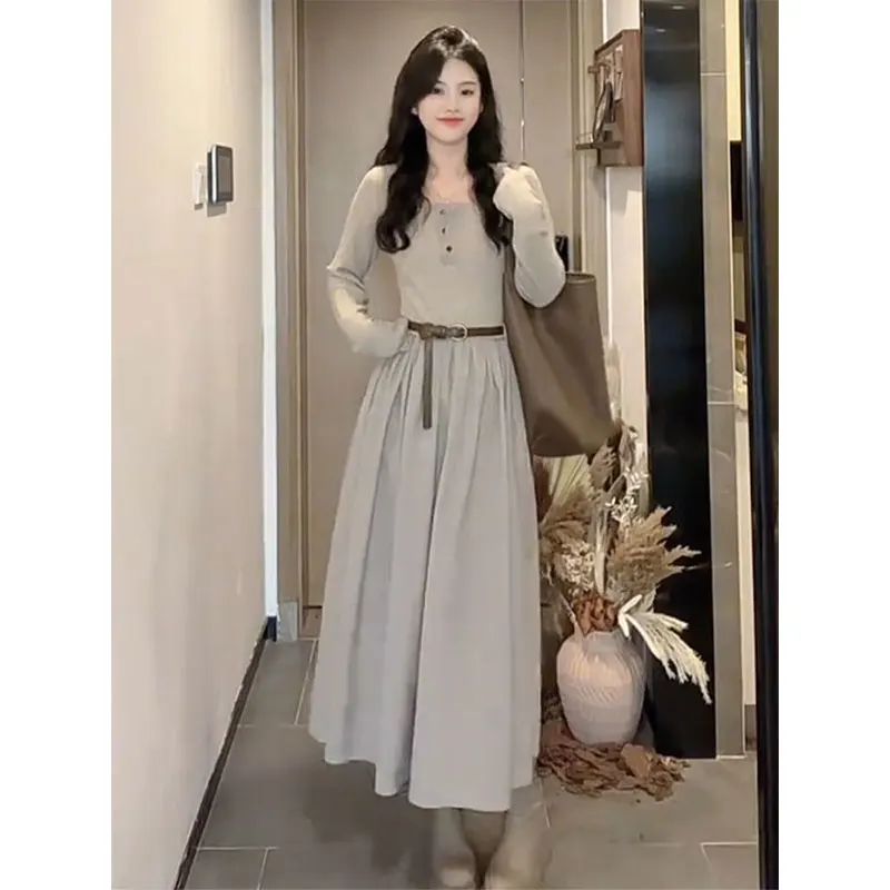 Autumn and Winter Fashion Simplicity Solid Color Square Collar Long Sleeve A-line Skirt Women Clothes Temperament Knitted Dress