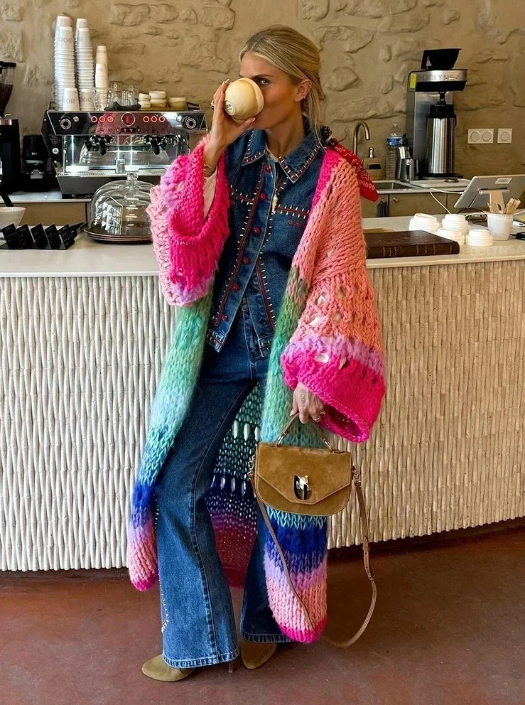 

Кардиган в стиле бохо на осень-зиму 2026, разноцветное вязаное крючком кимоно, свободное пляжное платье-накидка с рукавами-колокол, роскошное женское платье