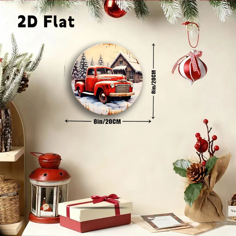 2D Flat-1pc علامة إكليل شاحنة عتيقة بألوان مائية - علامة شاحنة عتيقة - علامة إكليل مستديرة للشتاء - علامة عيد الميلاد لشاحنة عتيقة #4