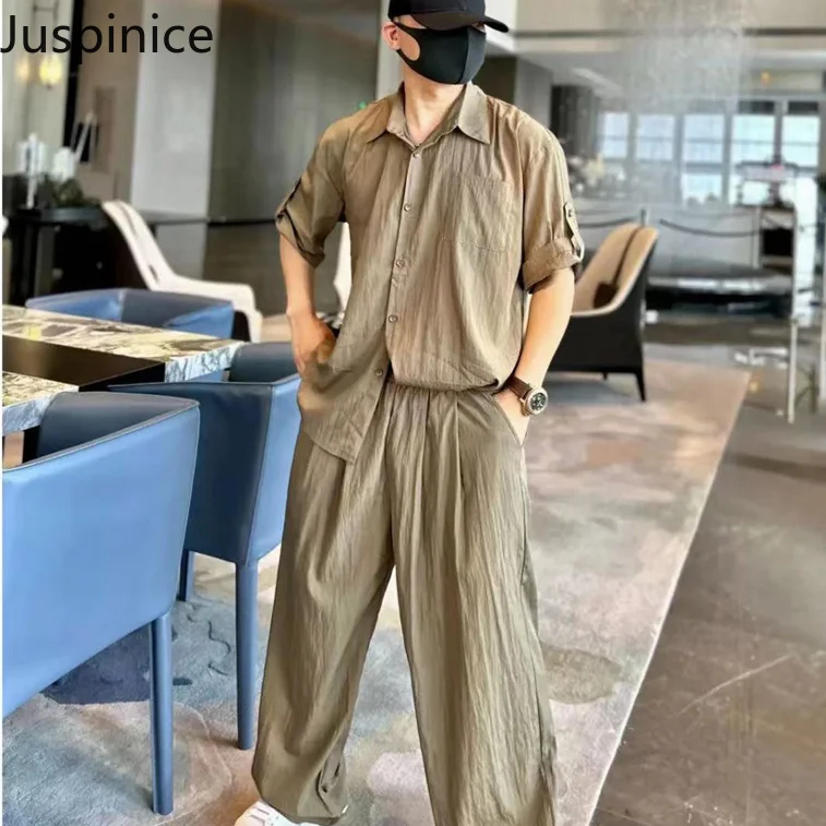 Summer Lapel Simple Solid Short-sleeved Shirt Trousers Suit Men’s Handsome Loose Casual High Street Personalized Tops Pants Set - Image 2