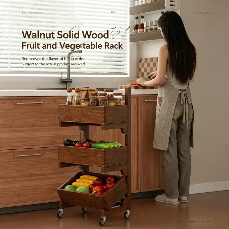 Wooden kitchen storage truck Multi-layer rolling fruit and vegetable basket storage rack is sturdy and durable, suitable for