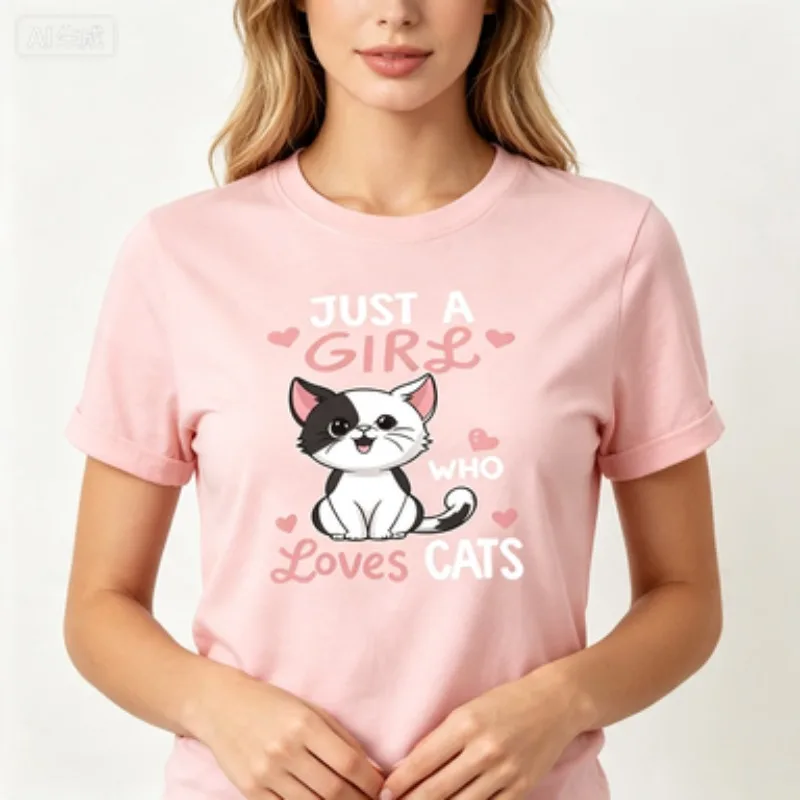 Women Cotton Basic T Shirt Cute Kitten Heart Graphic Tops, Just  Tees Trendy Animal Lover Fashion Daily Wear For Women