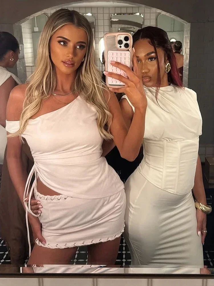 CPSYMYM 2 피스 세트 여성 편향 칼라 불규칙한 탑 + 스커트 Frenulum Metal Ring Hem 여름 트렌드 매칭 솔리드 슈트