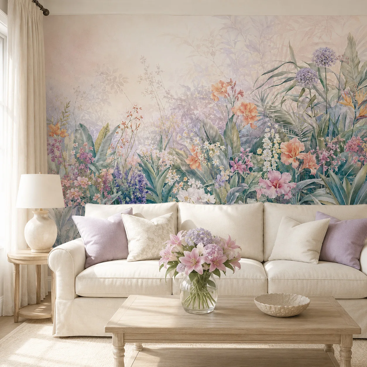 Custom Pastel Tropical Floral Wallpaper Mural Botanical Garden Flowers Wall Decor Non Self Adhesive Living Room Bedroom