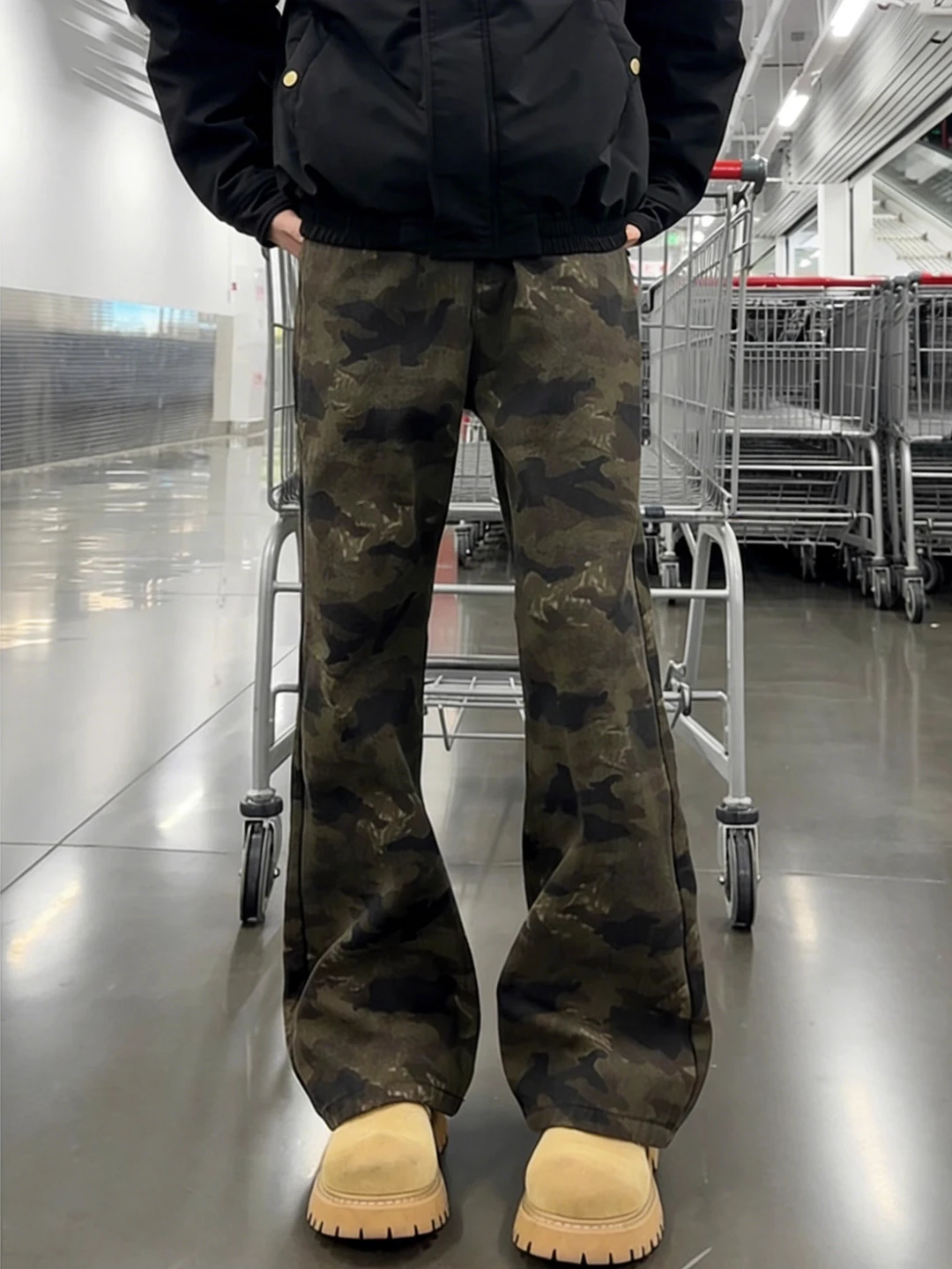 

American Retro Camouflage Fleece Lined Men's Jeans Straight Leg Workwear Trousers Slim Fit High Street Style Winter Pants