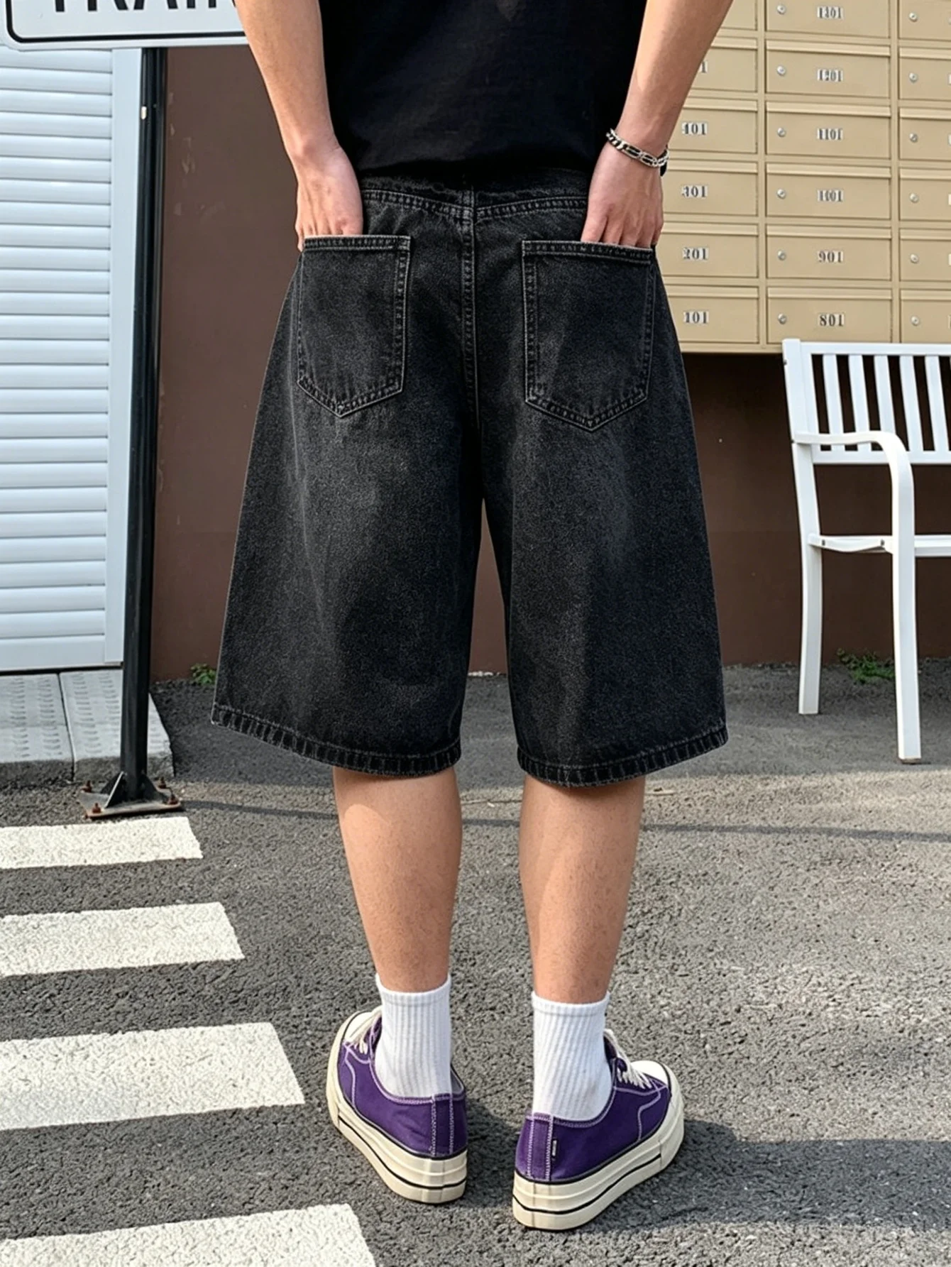Men daily commute black non stretch denim jorts loose straight leg solid color versatile comfy outdoor casual trousers view 5