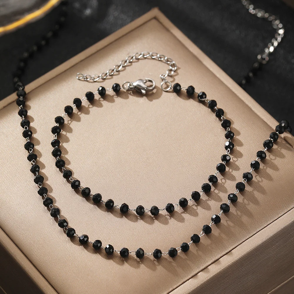 Boho style black ball bead bracelet and necklace set, waterproof and colorfast, women's jewelry, wedding party favors